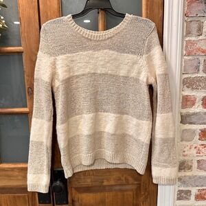 LOFT Striped Sweater Women Large Beige Ivory Mohair Wool Blend Open Knit